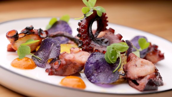 Braised octopus with grilled potato and purple crisps.