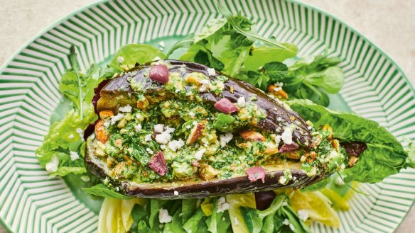 Silky roasted eggplant dressed with feta, mint, olives, almonds, lemon and honey.