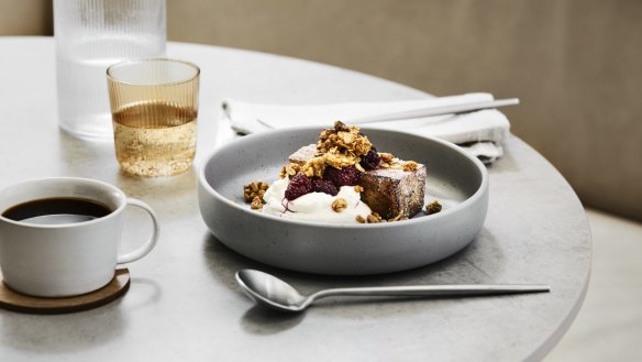 Kate Reid's bread-and-butter Lune croissant pudding with labne, blackberry compote and granola crumble.