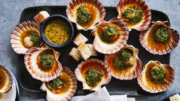 Adam Liaw's grilled scallops with herb butter.