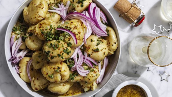 Smushed potato salad with honey mustard dressing.