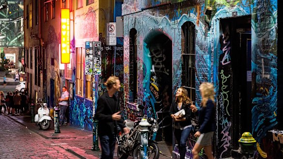Enjoying the nightlife in Hosier Lane in Melbourne's CBD.