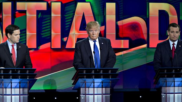 From left: Senator Marco Rubio, Donald Trump, and Senator Ted Cruz at Thursday's debate in Houston, Texas.