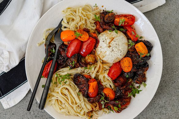 Pasta with jammy slow-roasted tomatoes and creamy burrata cheese.