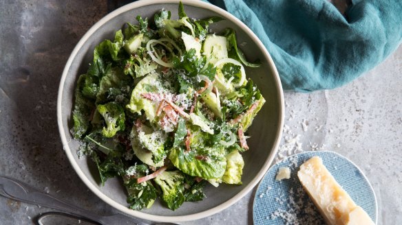 Broccoli, cos lettuce & pancetta with a broccoli stalk yoghurt cream.