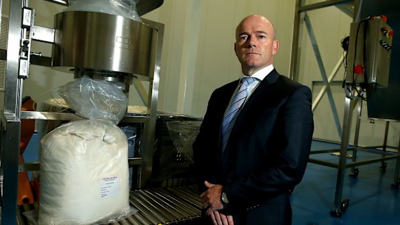 TPI Enterprises Managing Director Jarrod Ritchie with a bag of thebaine, a narcotic raw material, which has a commercial value of about $US600 a kilogram.