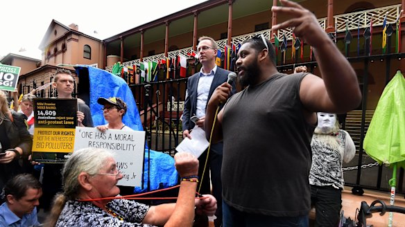 Bogaine Spearim  addresses protesters in Macquarie Street. 