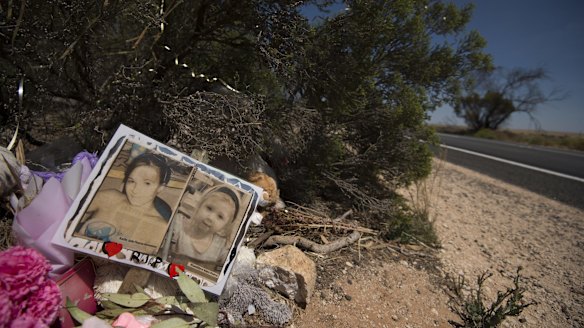 A memorial to Karlie Pearce-Stevenson and her daughter Khandalyce Pearce at the roadside, near Wynarka, South Australia.