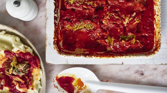 Italian-style stuffed cabbage in tomato sauce.