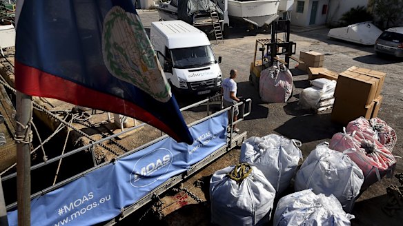 A load of lifejackets are brought to Coal wharf in Malta, to be loaded onto the MY Phoenix.