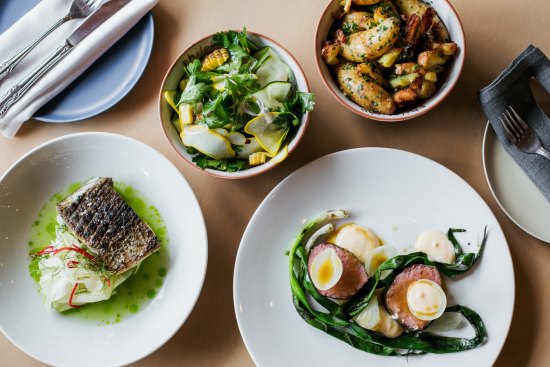 Grilled fish with apple, fennel and chilli salad (left) and beef rump with charred spring onion and marrow custard are among the dishes on Cotham Dining's opening menu.