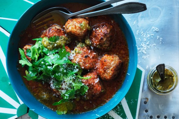 Mexican meatballs in spicy macha sauce.