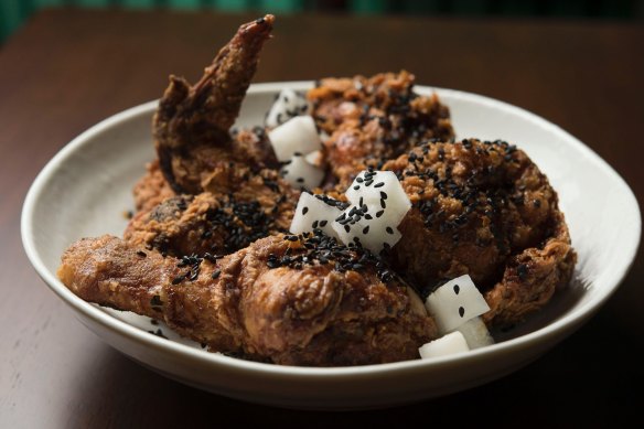 Shrimp-brined fried chicken, soy and syrup.