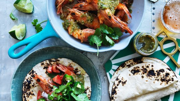 King prawns in green salsa.