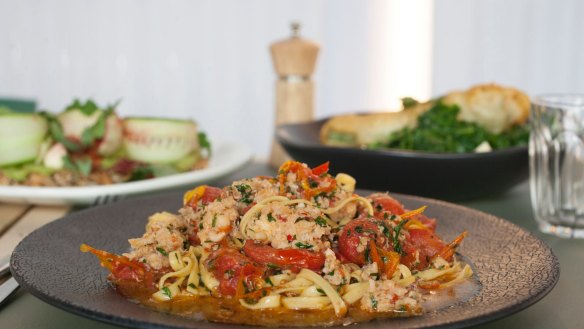 Pasta royale with lobster meat, linguini and cherry tomatoes at Devon.