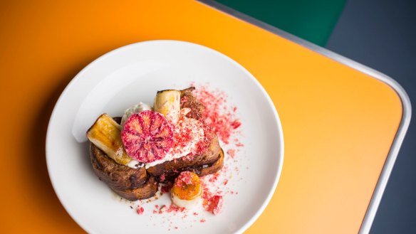 French toast with caramelized banana orange buttermilk ricotta at Matinee Coffee in Marrickville.