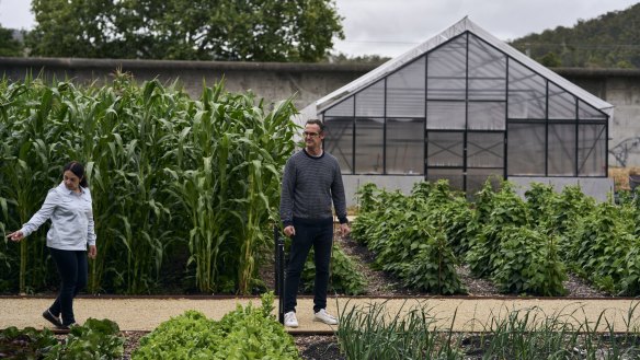 Rodney Dunn and Severine Demanet in their vegetable garden, a key part of the new cooking school at the Agrarian Kitchen.