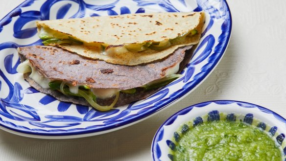 Zucchini quesadilla with chile seco salsa.