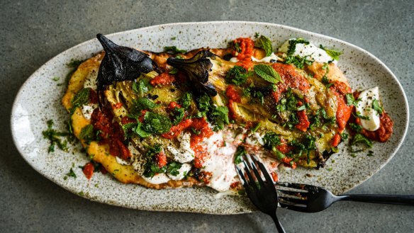 Flatbread with blackened eggplant, harissa capsicum and tahini yoghurt.