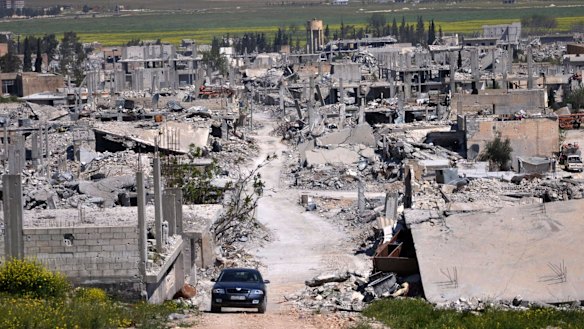 An area of Kobani in north Syria  destroyed during the battle between the US-backed Kurdish forces and the Islamic State fighters, in Kobani, north Syria.