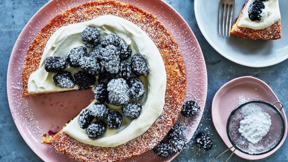 Blackberry and cornmeal torte served with whipped cream and extra berries.