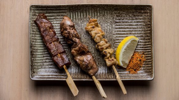 Beef tongue, chicken liver and chicken skin skewers.