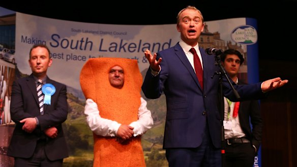 Liberal Democrats leader Tim Farron celebrates following the announcement of the results at the Westmoorland and Lonsdale constituency.