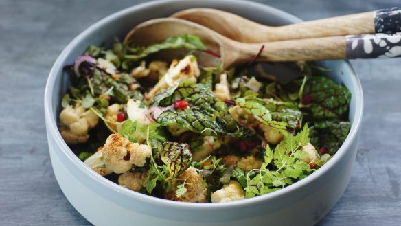 Salad dressing recipes for Good Food online. Smoked honey and horseradish dressing with roasted cauliflower, manchego and smoked almond salad. Please credit Katrina Meynink