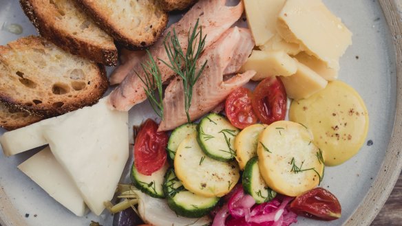 Cheese plate with Snowy Mountains smoked trout. 