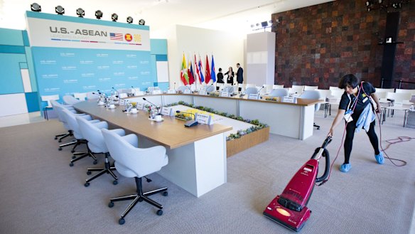 Maria Mendoza attends to last minute preparations at Sunnylands in Rancho Mirage, California, for the ASEAN meeting.