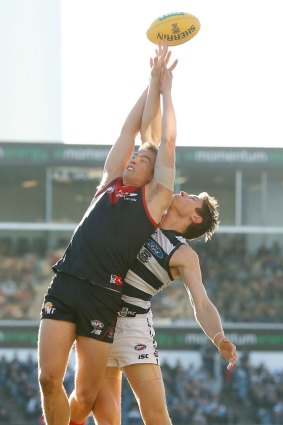 Melbourne's Bernie Vince vies with Geelong's Mark Blicavs for the ball.