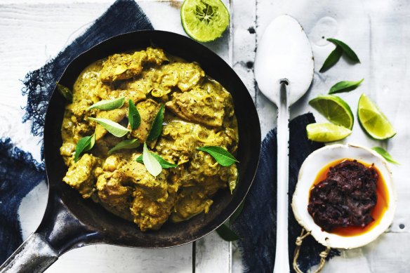 Sri Lankan chicken curry with onion sambal.