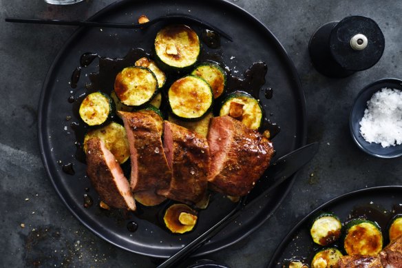 Neil Perry's spiced lamb with zucchini salad and pomegranate dressing
