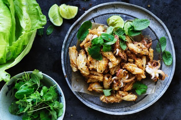 Chilli salt and pepper squid lettuce cups.