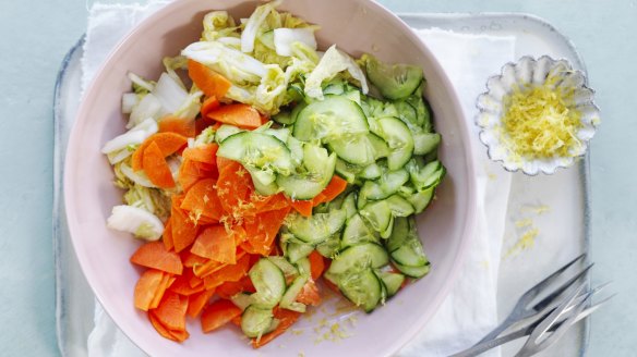 Citrus peel, such as lemon (pictured), adds extra flavour to these simple pickled vegetables.