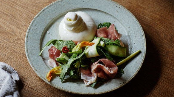 Julia Busuttil Nishimura's burrata with zucchini, rocket and prosciutto.