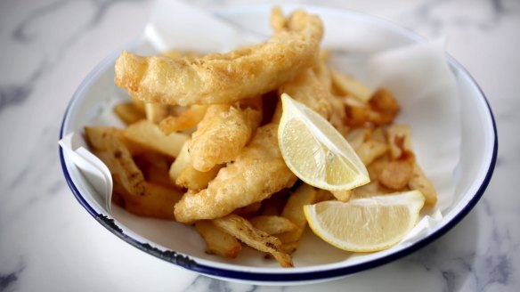 Fresh battered flathead and hand-cut double cooked chips from 'The Fish Joint' Cafe at Brighton Le Sands in Sydney.  