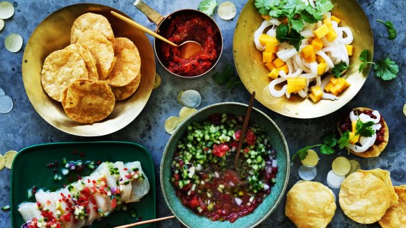 Kingfish (bottom left) and calamari (top right) tostadas.