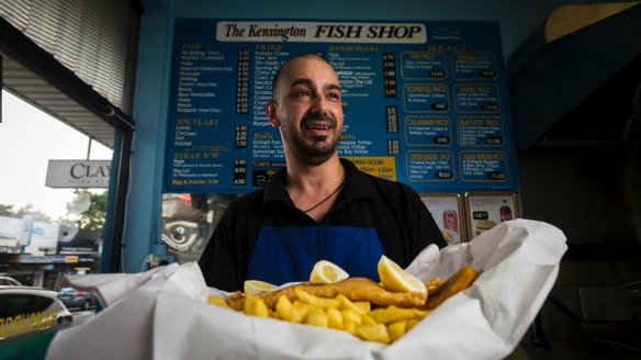 Kensington Fish Shop manager Zak Elkouri with a favourite fry-up.