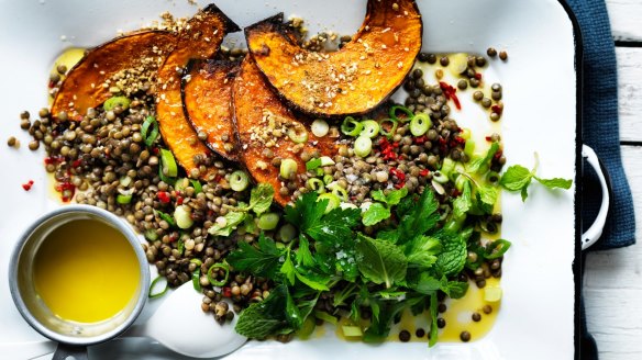 Neil Perry's warm lentil salad with pumpkin and chilli is a good one for budding vegans. 