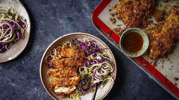 Cornflake-crumbed chicken with honey miso chilli dressing and messy noodles.