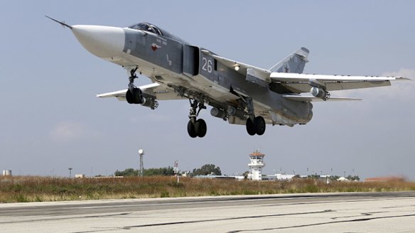 A Russian SU-24M jet fighter takes off from Hmeimim airbase in Syria.