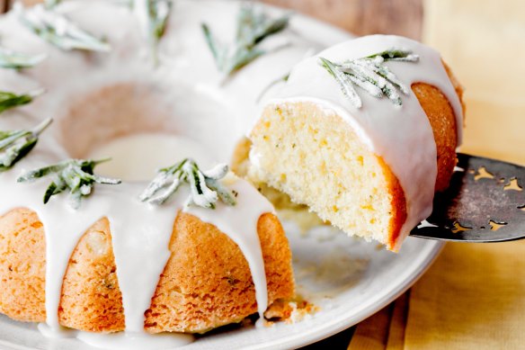 Yotam Ottolenghi's rosemary, olive oil and orange cake with crystalised rosemary sprigs.