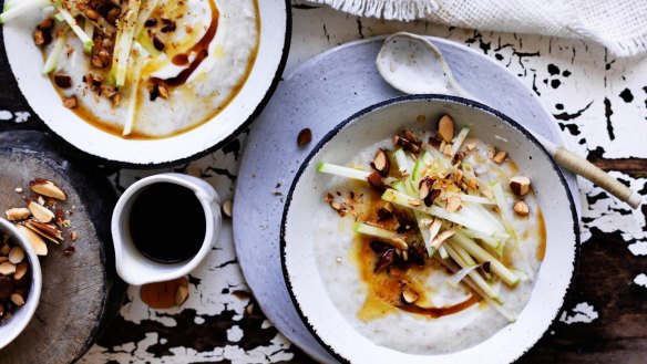Adam Liaw's slow cooked oat porridge with apple, almond and maple syrup has a variety of textures.