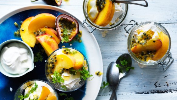 Adam Liaw's individual peach and passionfruit pavlova pots 