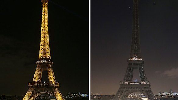 A combination of images taken in Paris on January 8, 2015 shows the illuminated Eiffel tower and the Eiffel tower plunged into darkness as a demonstration in tribute to the twelve people killed. 