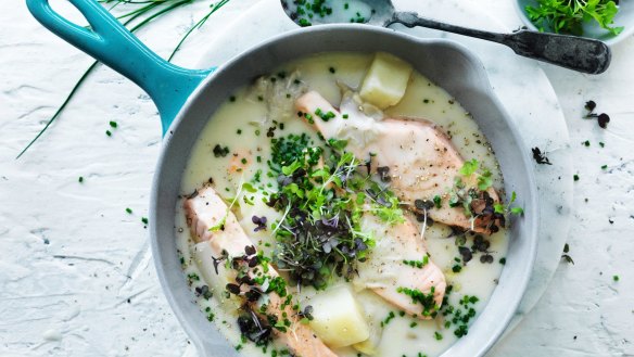 Adam Liaw's 'superfood' chowder with salmon, potato and wombok.