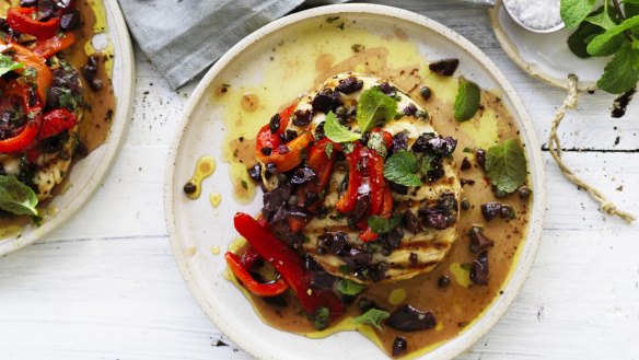 A barbecue swordfish with sweet sour-sour red capsicum.