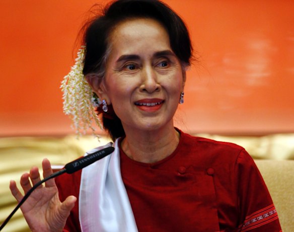 Myanmar State Counsellor Aung San Suu Kyi speaks during  "Peace Talk" in Naypyitaw, Myanmar, in January.