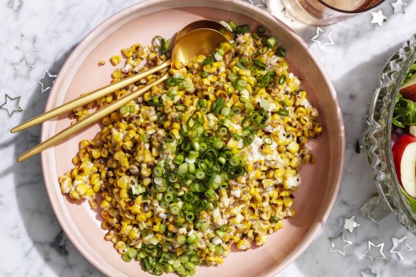 Charred corn kernels coated in creamy, cheesy dressing.
